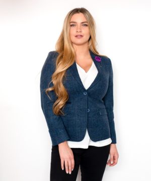 Women's Ladies Blue Tweed Check Blazer Smart Formal Jacket