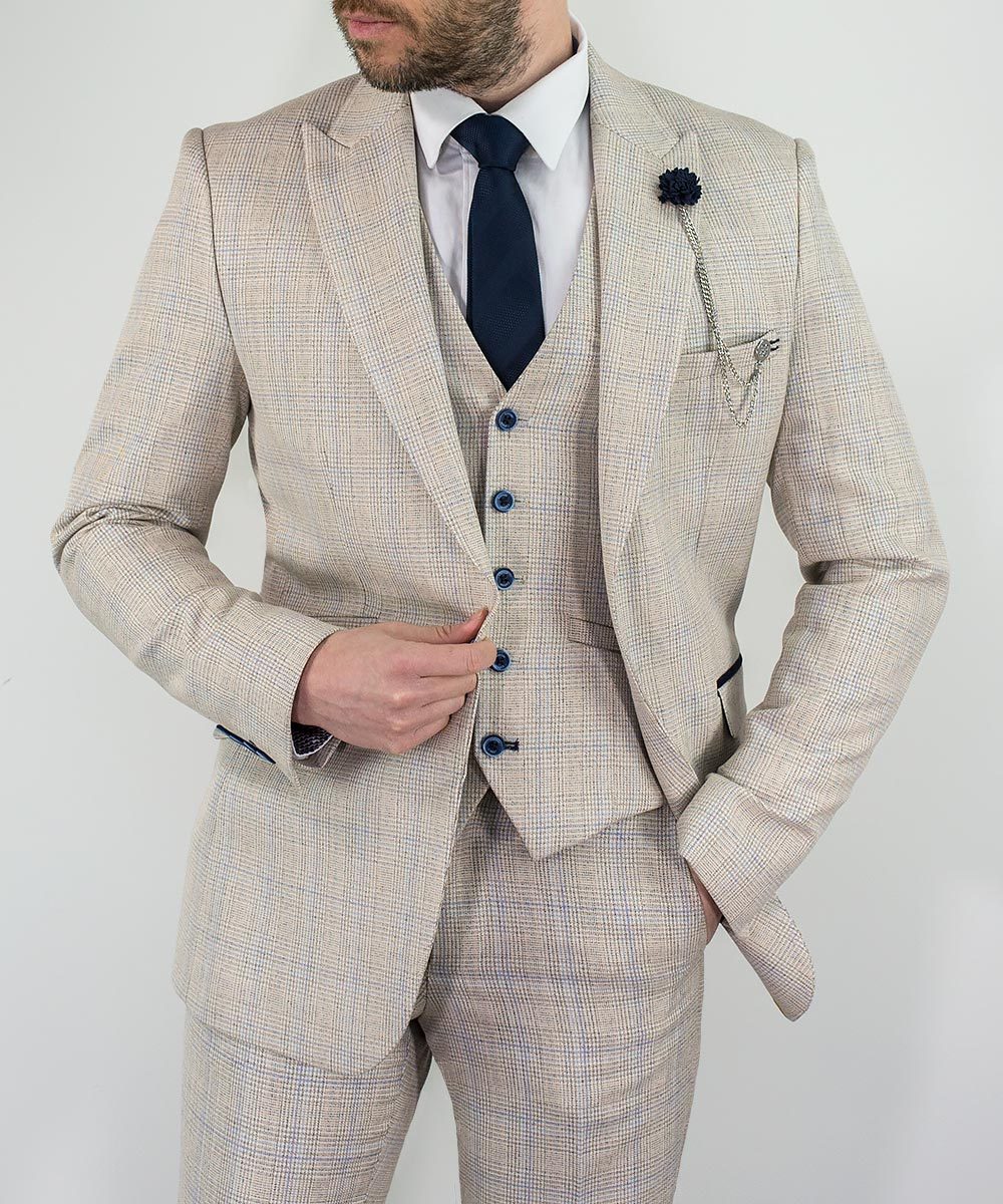 Cavani Caridi Cream Check 3 Piece Slim Fit Wedding Suit - Image 3