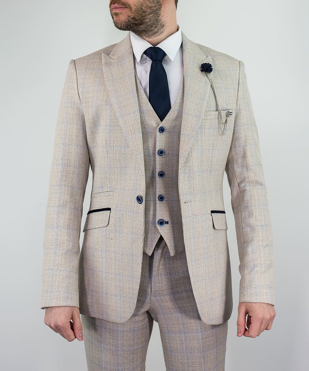 Cavani Caridi Cream Check 3 Piece Slim Fit Wedding Suit - Image 4