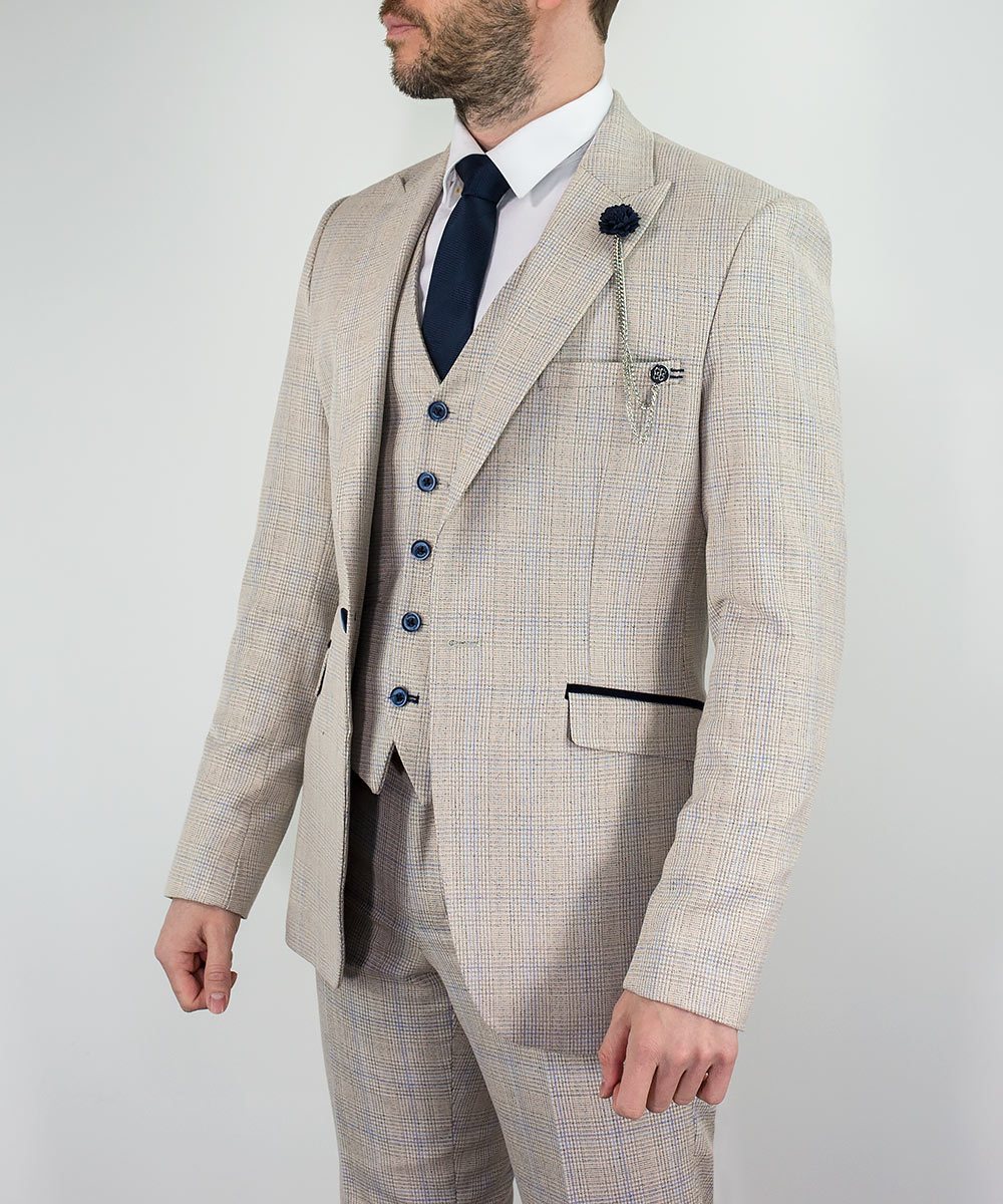Cavani Caridi Cream Check 3 Piece Slim Fit Wedding Suit - Image 5