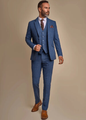 Cavani Carnegi Blue Check Tweed Wedding 3 Piece Suit Slim Fit