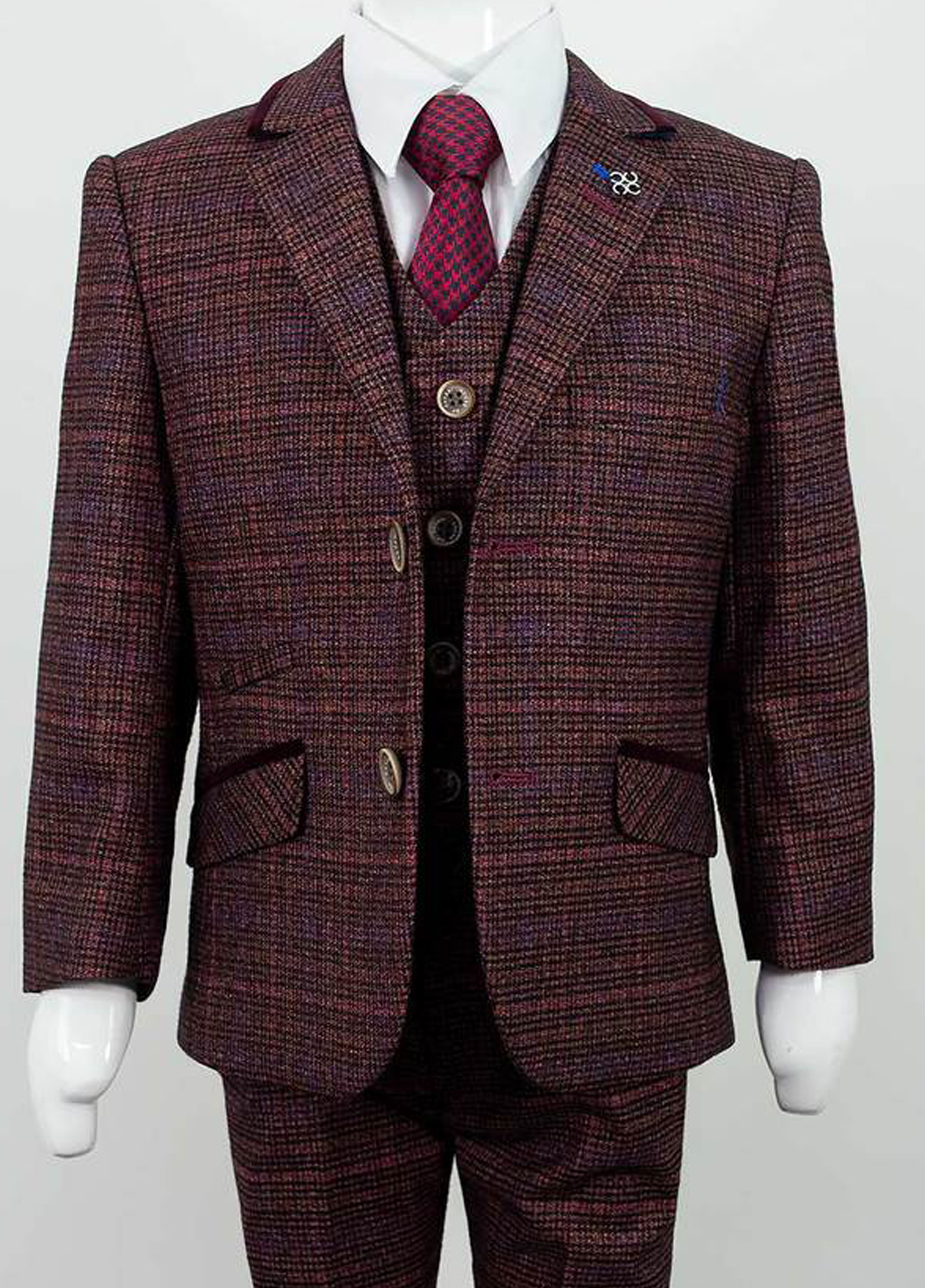 Cavani Boys Carly Tweed Burgundy Check 3 Piece Suit - Image 3