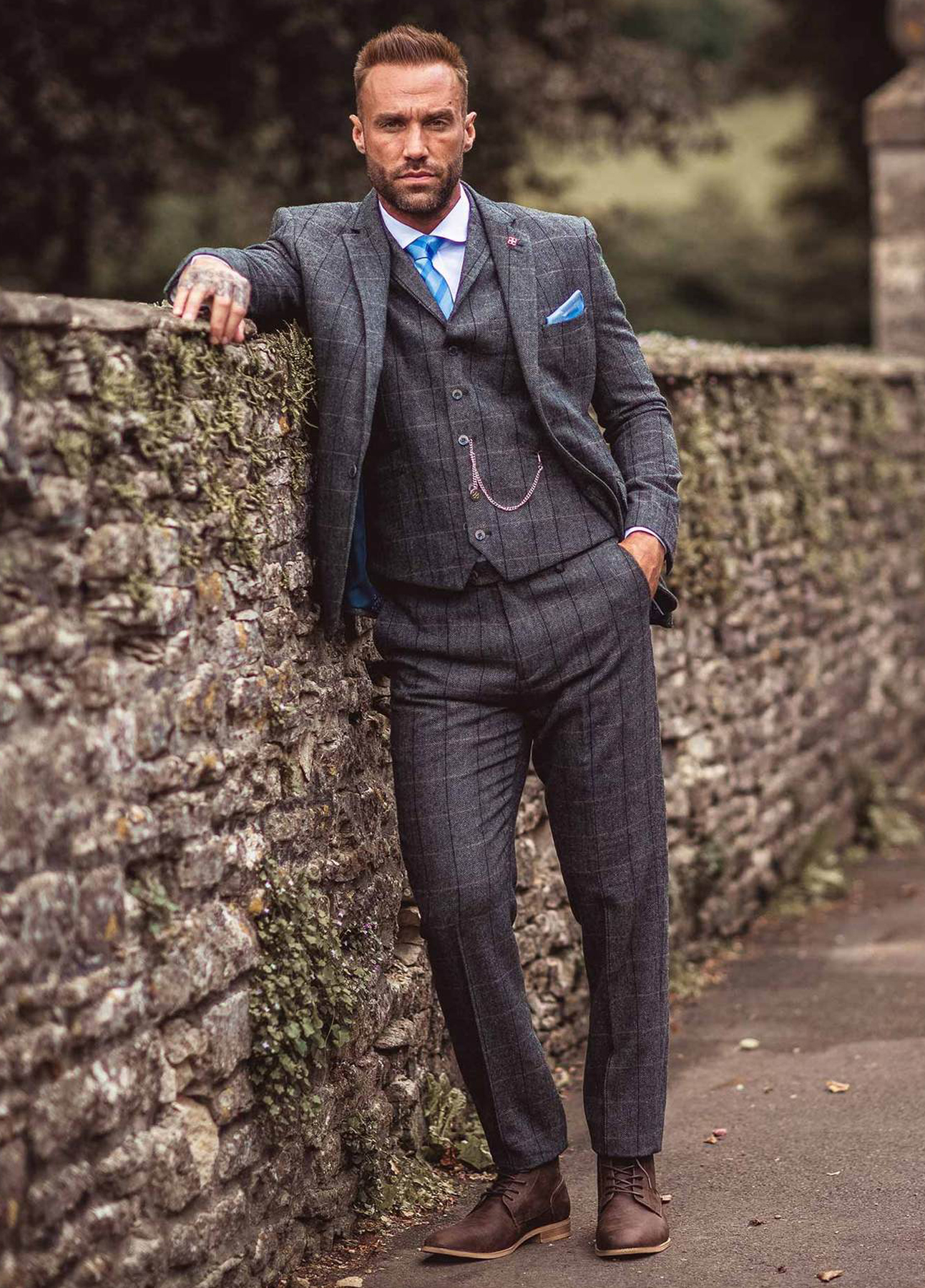 Cavani Albert Grey Tweed Check 3 Piece Wedding Suit Slim Fit