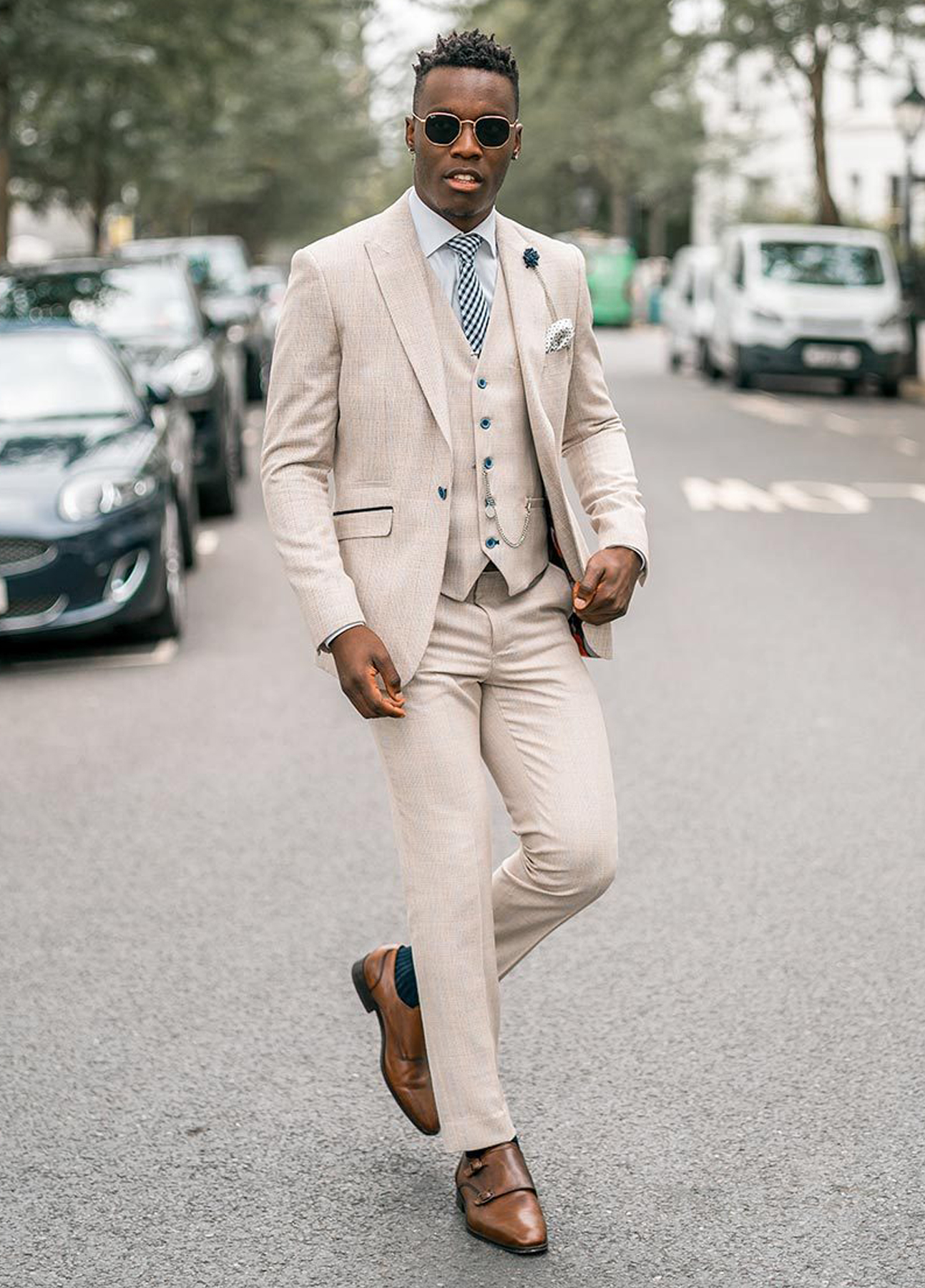 Cavani Caridi Cream Check 3 Piece Slim Fit Wedding Suit