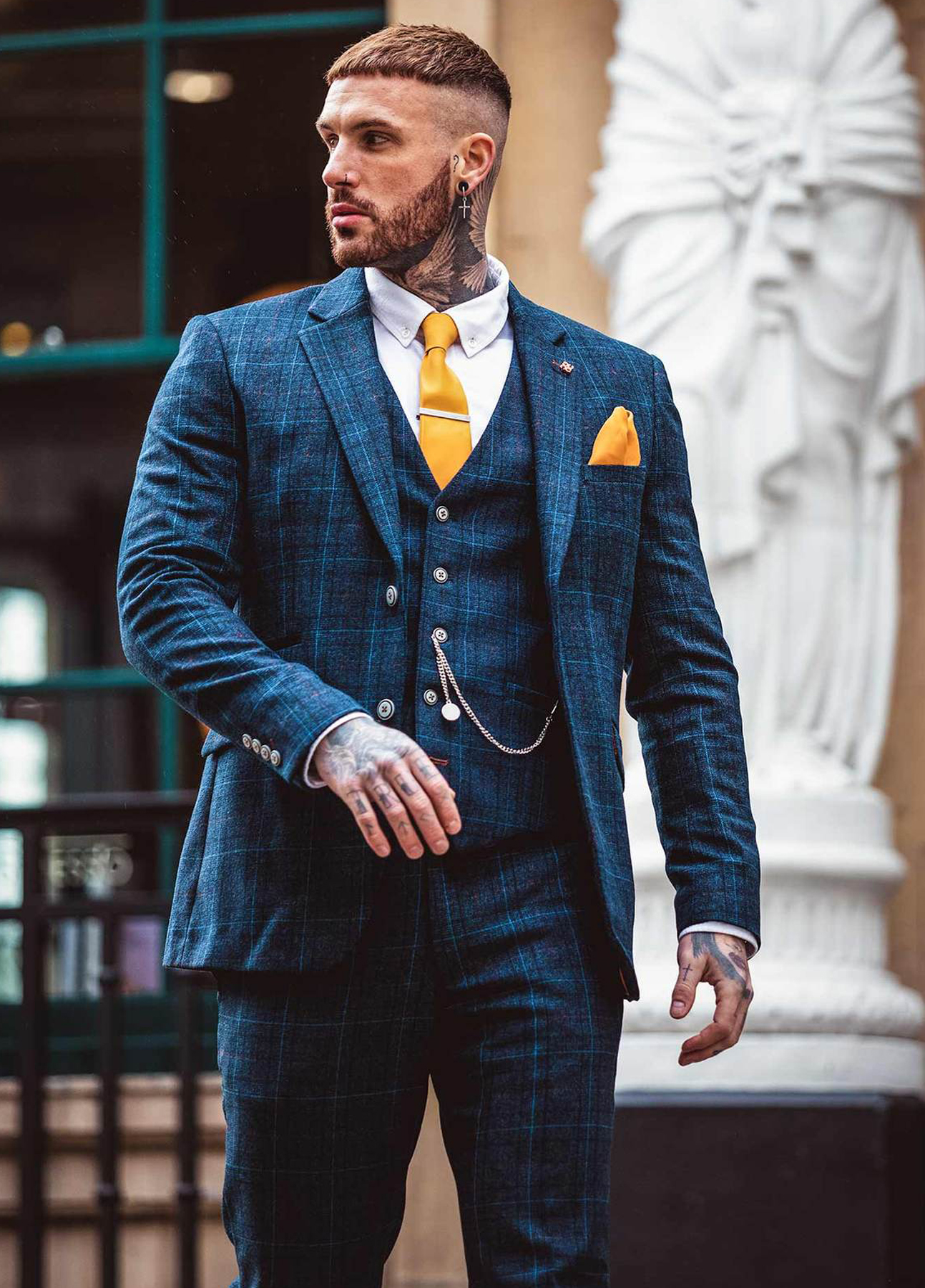 Cavani Cody Blue Tweed Check Wedding 3 Piece Suit Slim Fit
