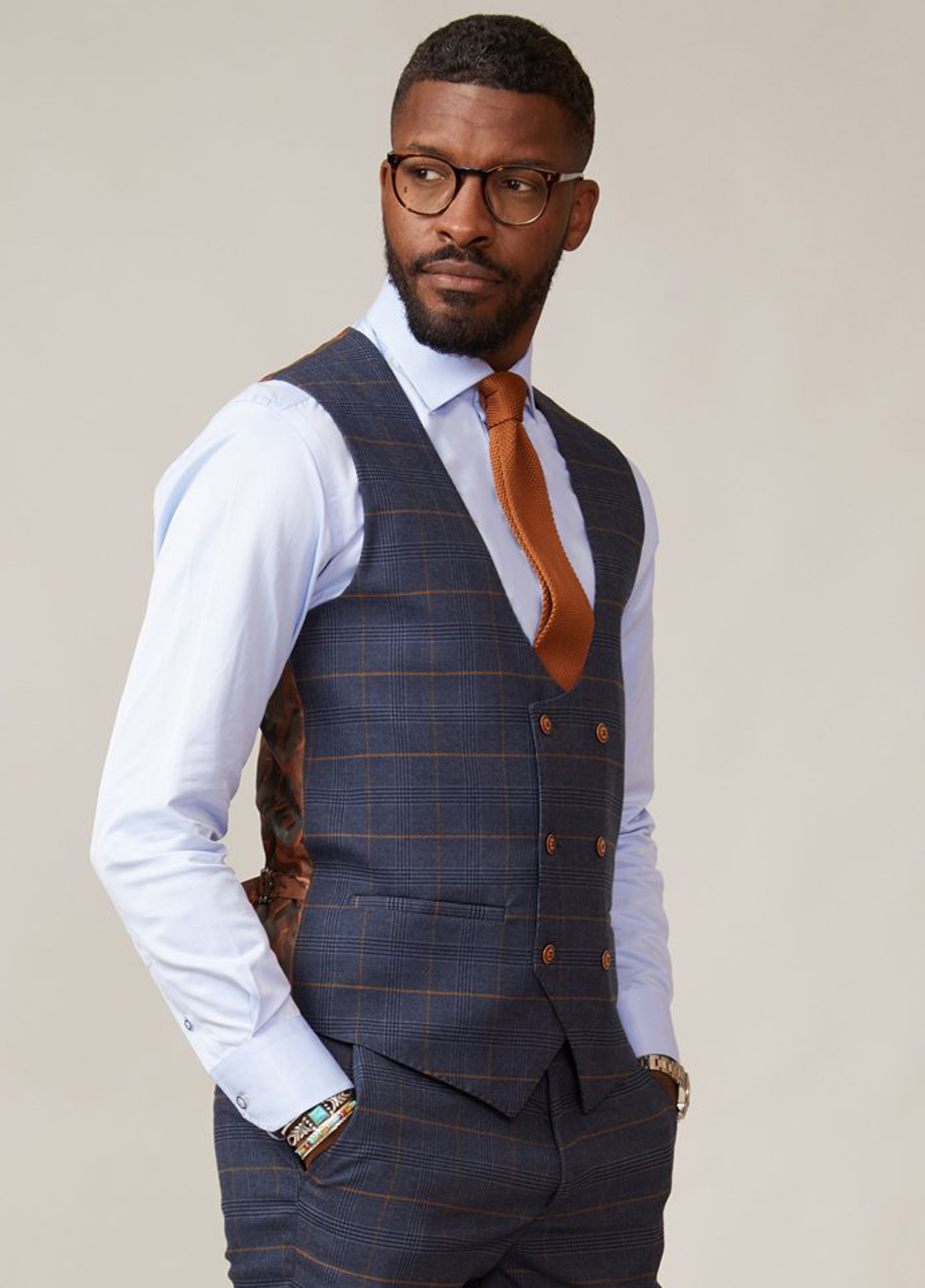 Marc Darcy Jenson Marine Check Double Breasted Waistcoat - Image 2