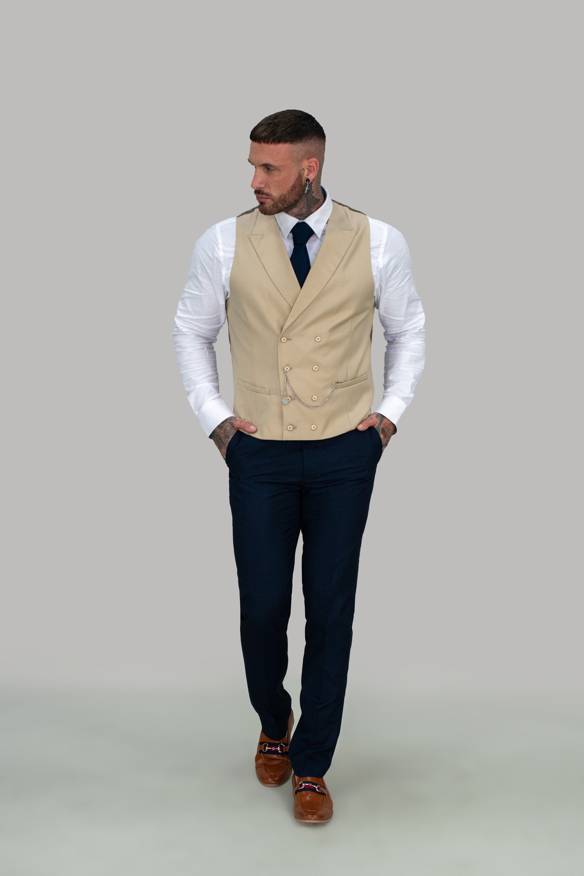 Cavani Lennox Beige Double Breasted Waistcoat - Image 3