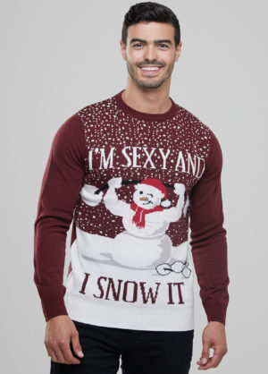 Men's Christmas Novelty Jumper Burgundy - Sexy and I Snow It