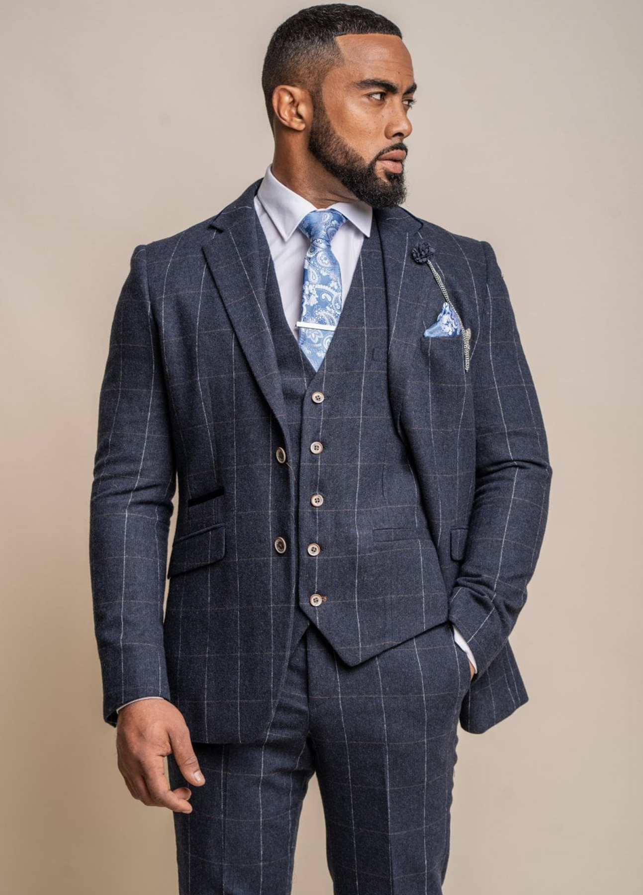 Cavani Angels Blue Tweed Check Slim Fit 3 Piece Suit - Image 2