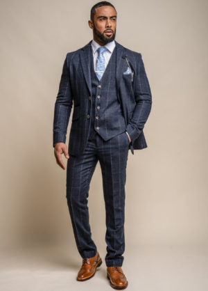 Cavani Angels Blue Tweed Check Slim Fit 3 Piece Suit