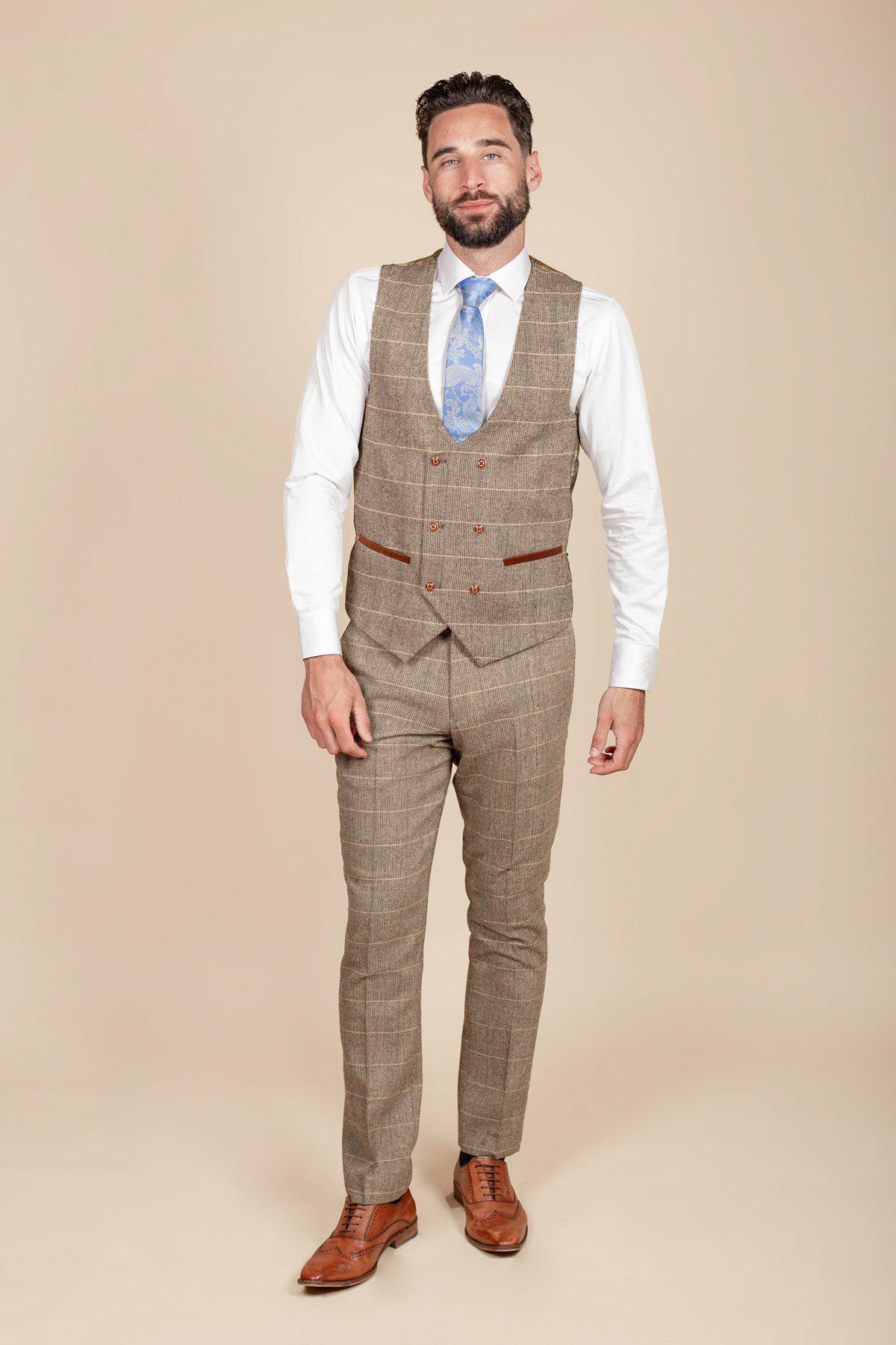Marc Darcy Ted Check Tan Tweed Wedding 3 Piece Suit - Image 5