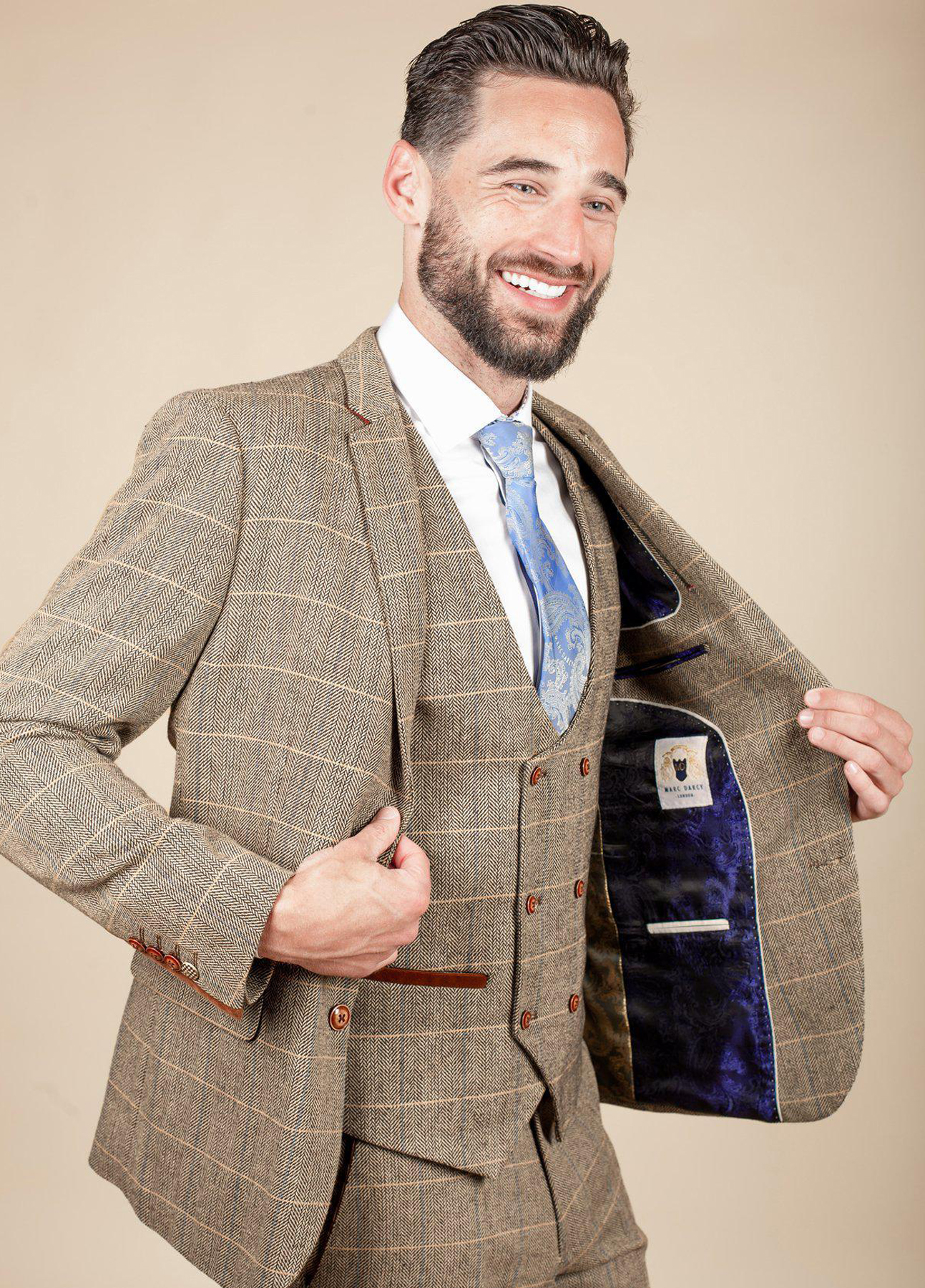 Marc Darcy Ted Check Tan Tweed Wedding 3 Piece Suit - Image 2