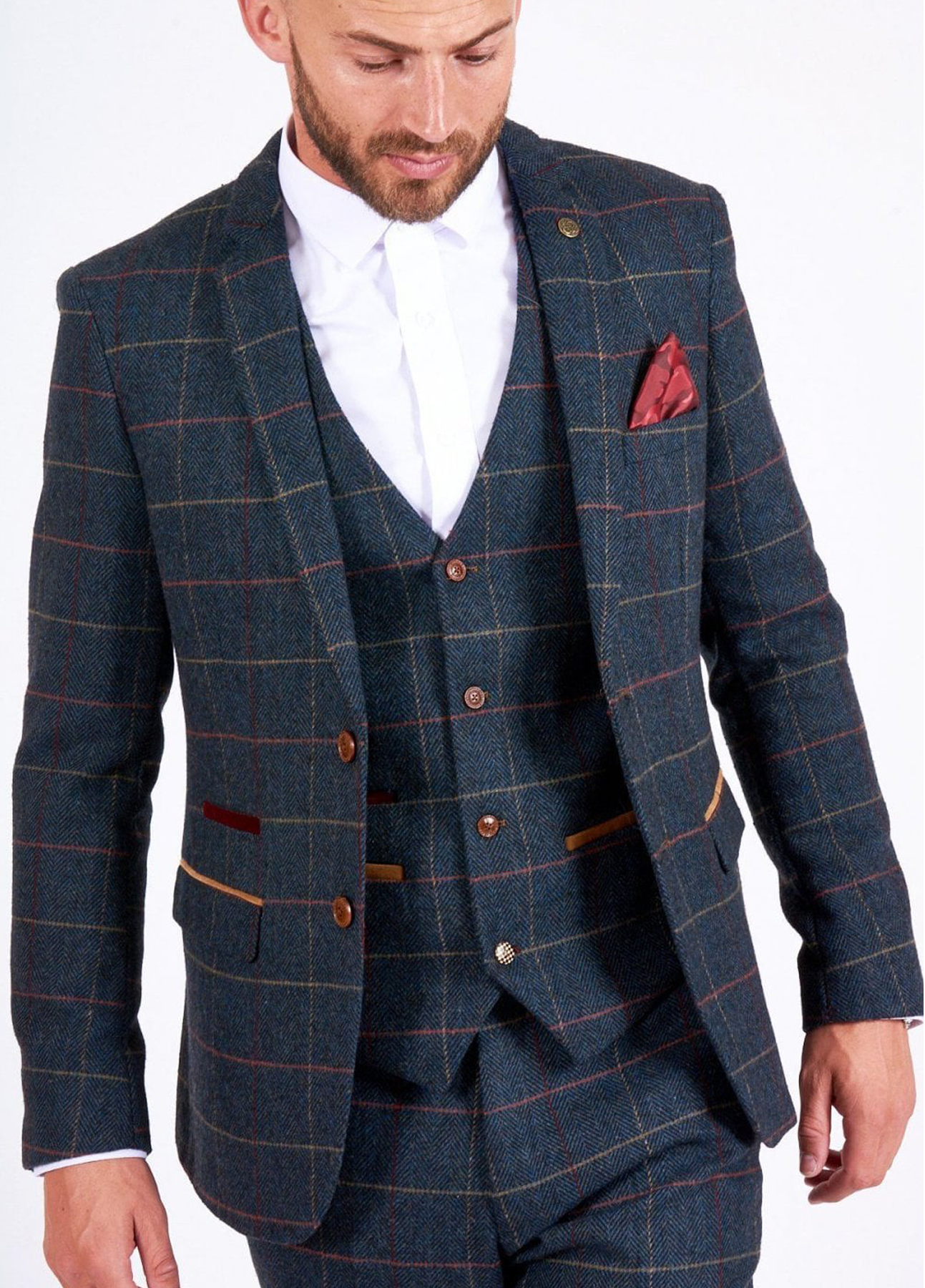 Marc Darcy Eton Navy Tweed Check Wedding Slim Fit 3 Piece Suit - Image 2
