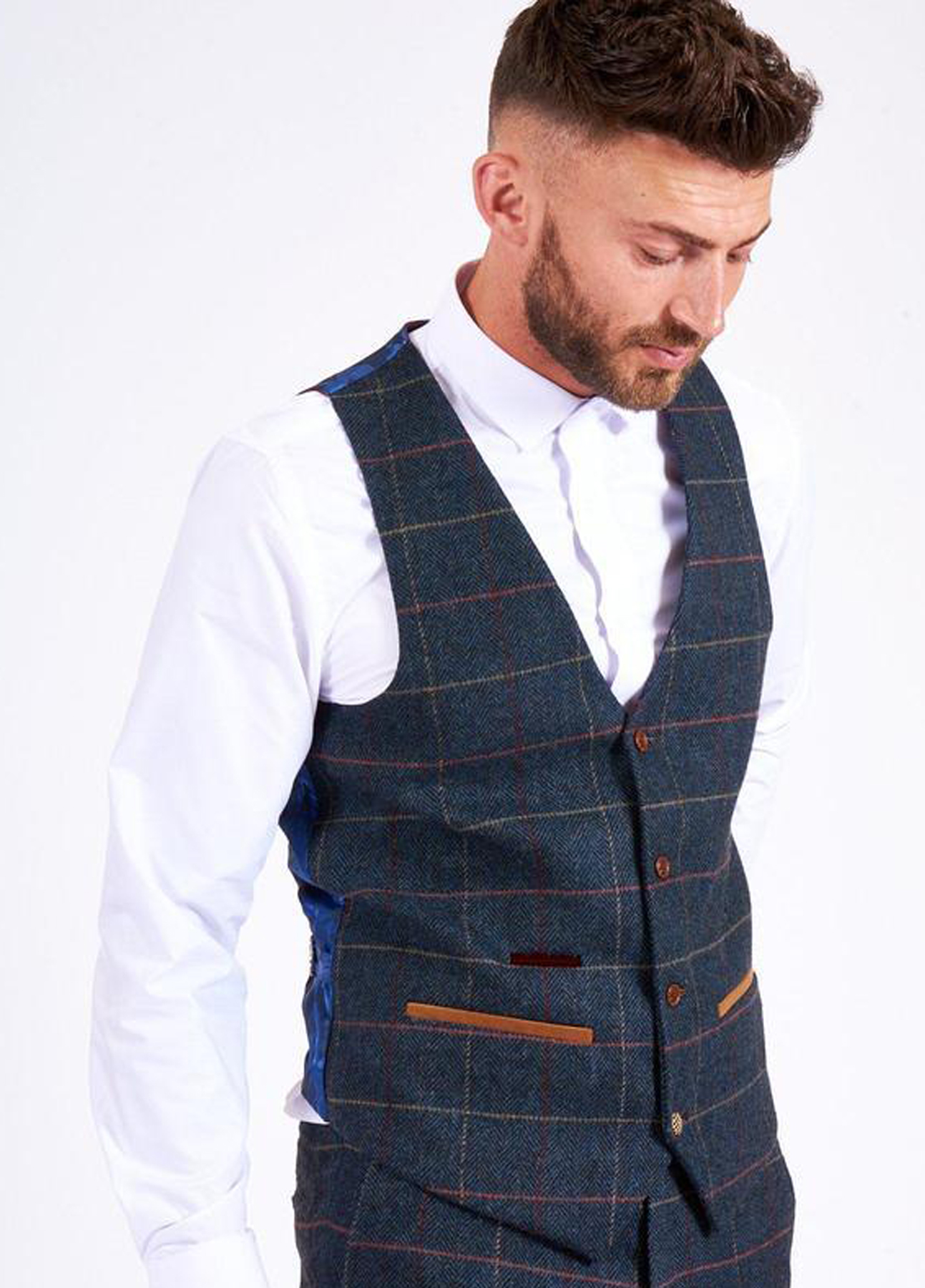 Marc Darcy Eton Navy Tweed Check Wedding Slim Fit 3 Piece Suit - Image 3