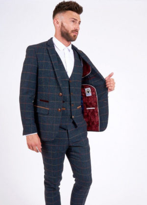 Marc Darcy Eton Navy Tweed Check Wedding Slim Fit 3 Piece Suit