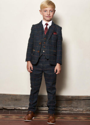Boys Marc Darcy Eton Blue Check Tweed 3 Piece Suit