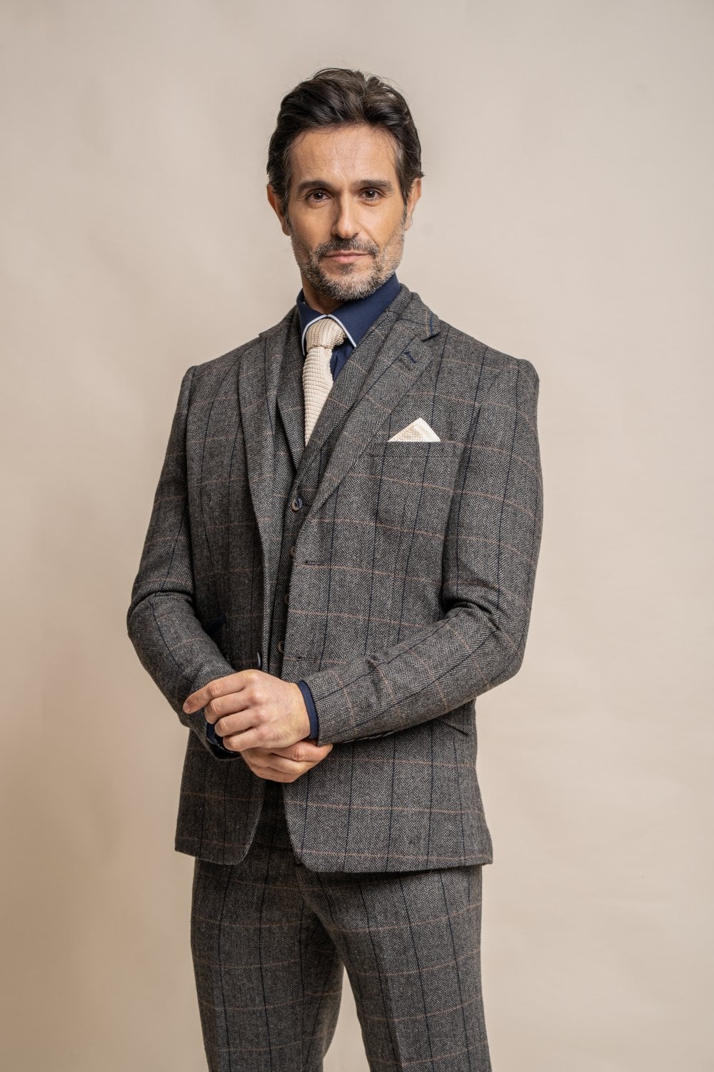 Cavani Albert Grey Tweed Check 3 Piece Wedding Suit Slim Fit - Image 4