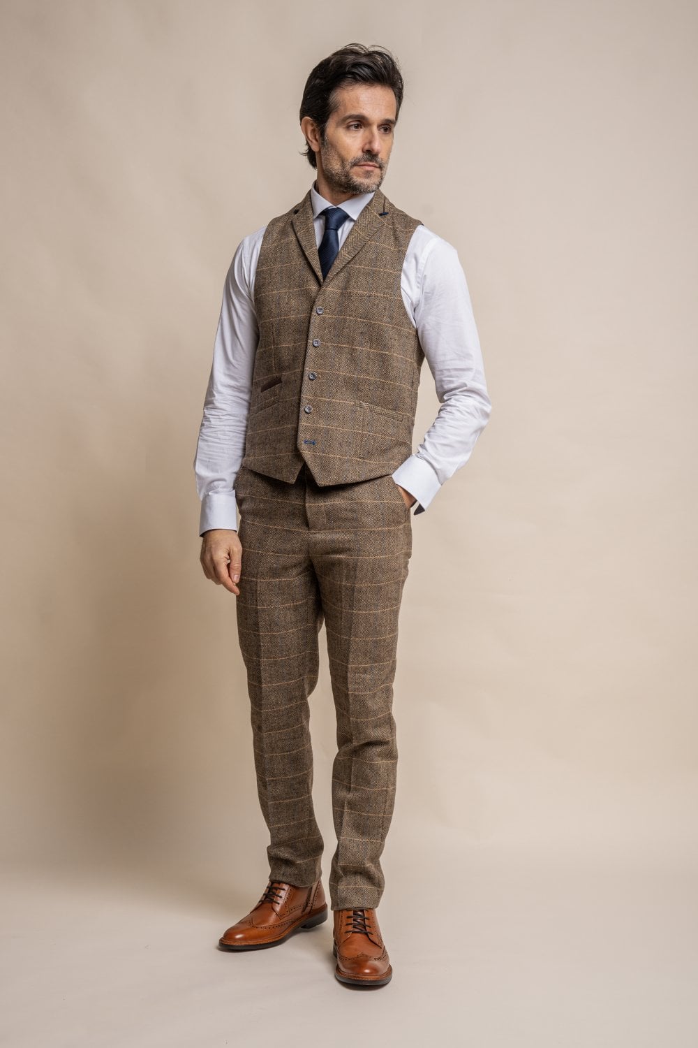 Cavani Albert Brown Tweed Check 3 Piece Wedding Suit Slim Fit - Image 4