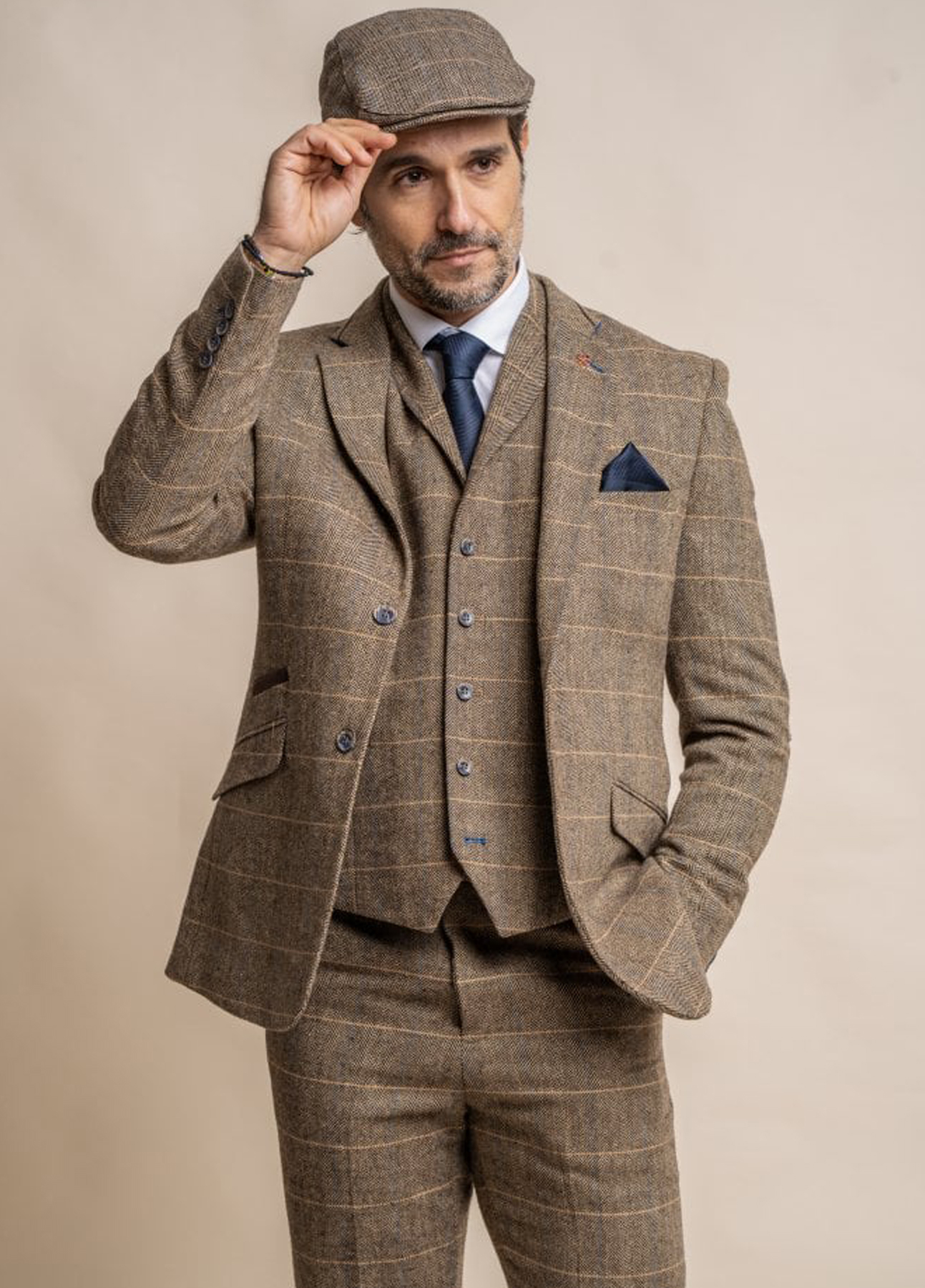 Cavani Albert Brown Tweed Check 3 Piece Wedding Suit Slim Fit