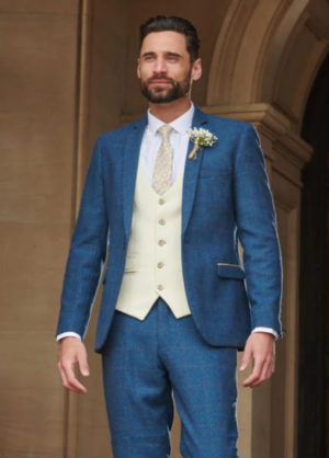 Marc Darcy Dion Blue Tweed 3 Piece Suit With Cream Waistcoat