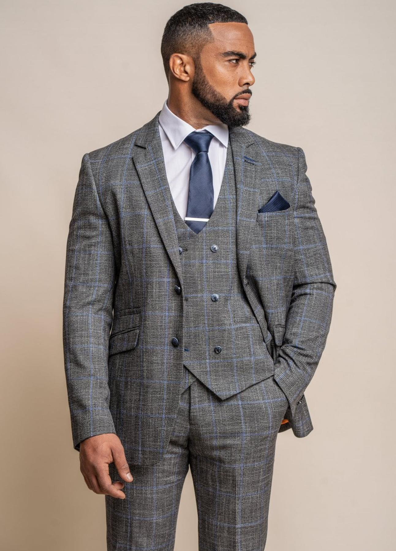 Cavani Grey Blue Check Formal Slim Fit 3 Piece Suit - Image 2