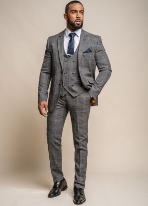 Cavani Grey Blue Check Formal Slim Fit 3 Piece Suit