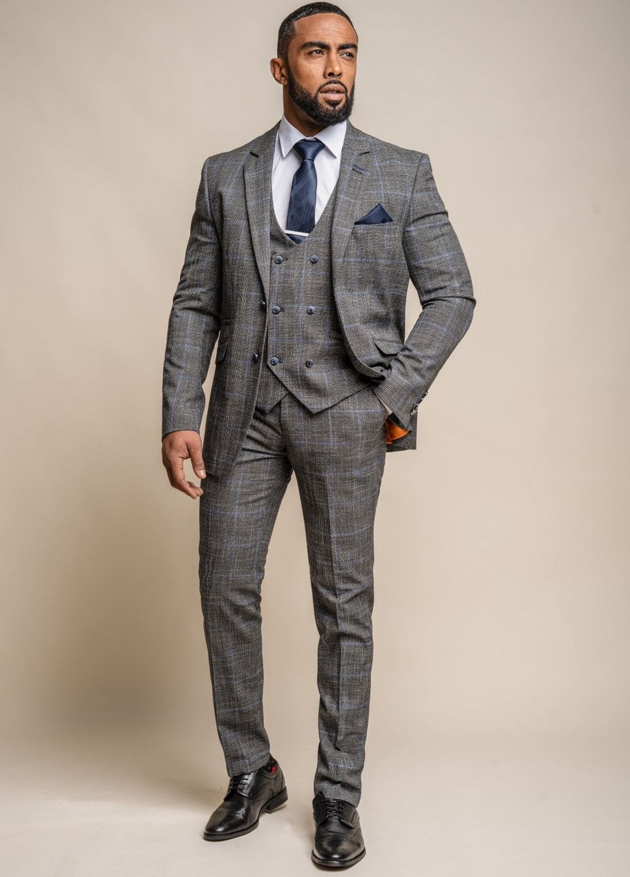 Cavani Grey Blue Check Formal Slim Fit 3 Piece Suit
