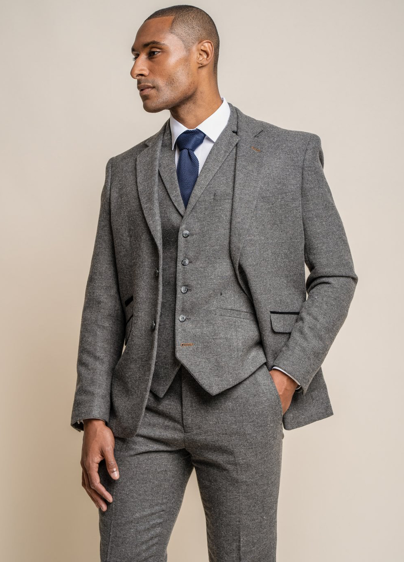 Cavani Grey Tweed Herringbone 3 Piece Wedding Suit Slim Fit - Image 2