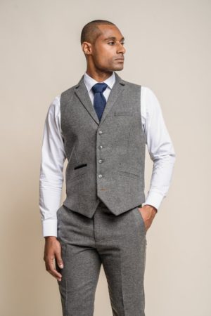 Cavani Grey Tweed Herringone Slim Fit Waistcoat