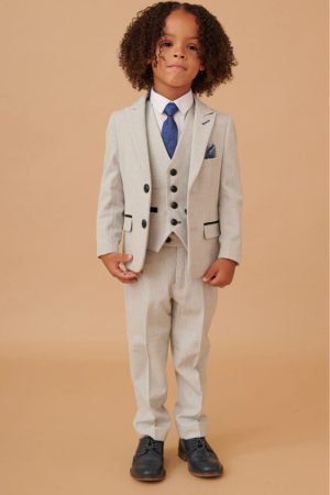 Boys Marc Darcy Bromley Stone Check Wedding 3 Piece Suit