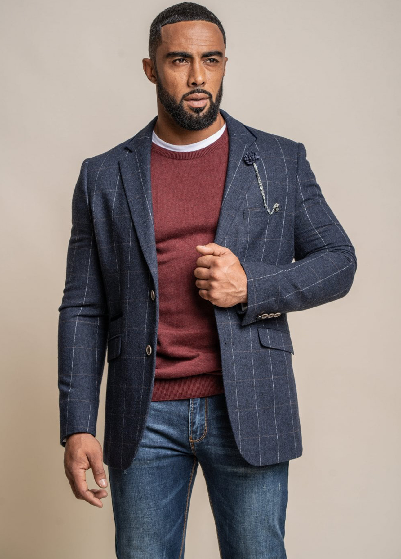 Cavani Angels Blue Tweed Check Slim Fit Blazer