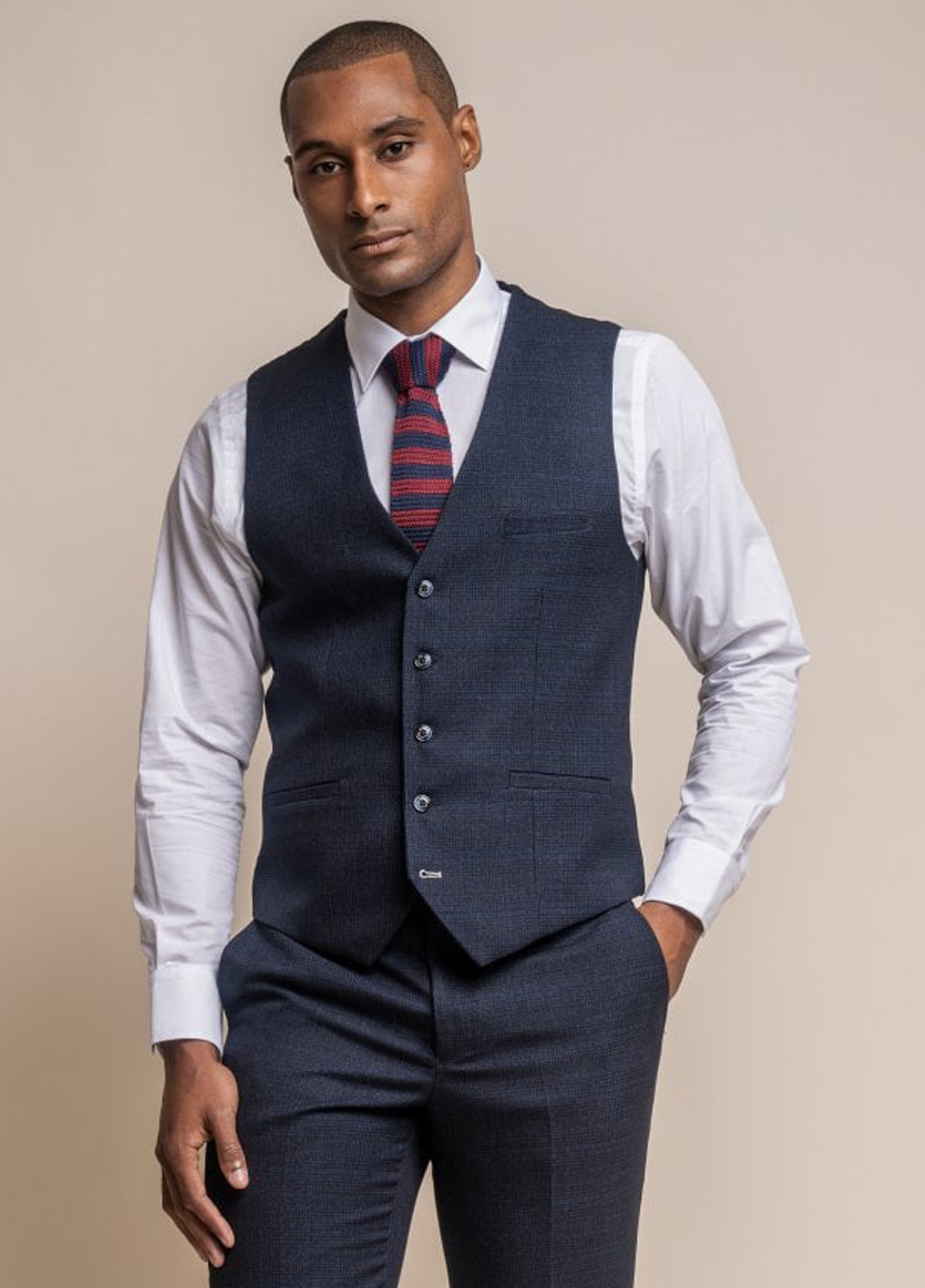 Cavani Caridi Navy Blue Check Slim Fit Waistcoat