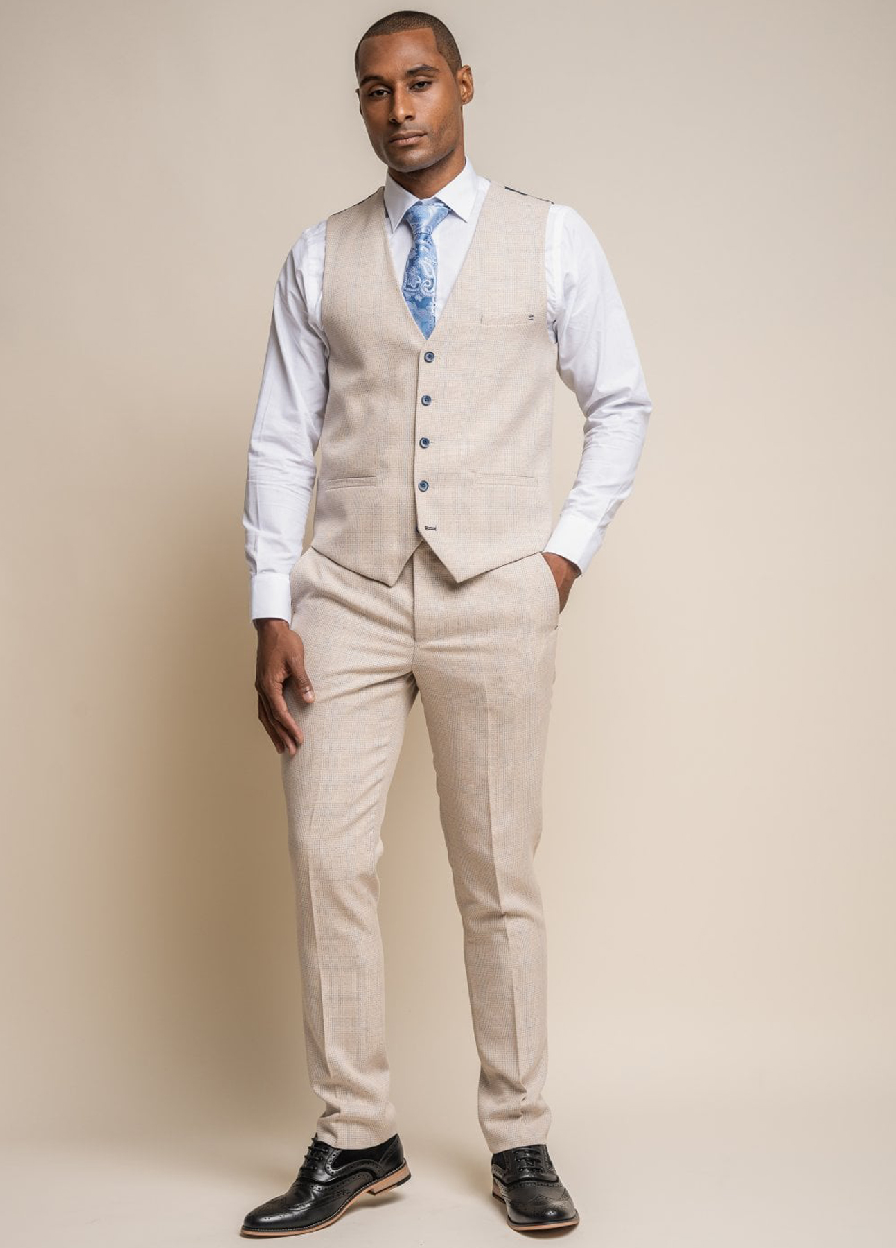 Cavani Caridi Cream Check Slim Fit Waistcoat - Image 2