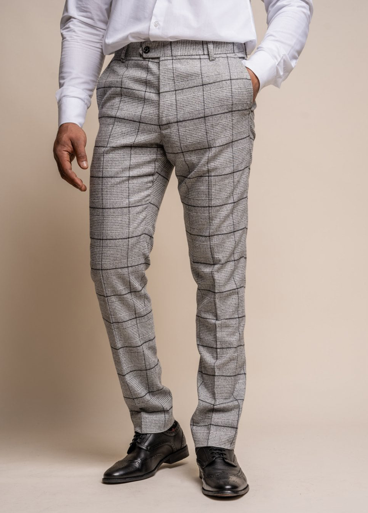 Cavani Ghost Light Grey Check Suit Trousers Slim Fit Size 34