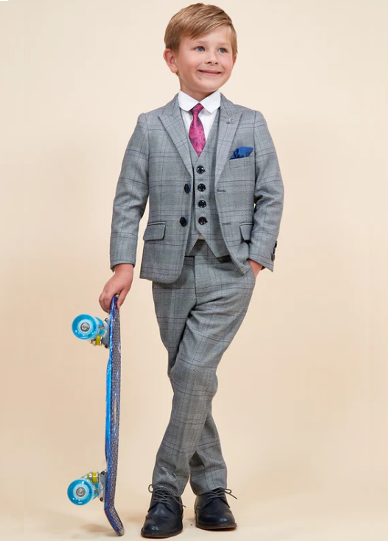 Boys Marc Darcy Jerry Grey Check 3 Piece Suit