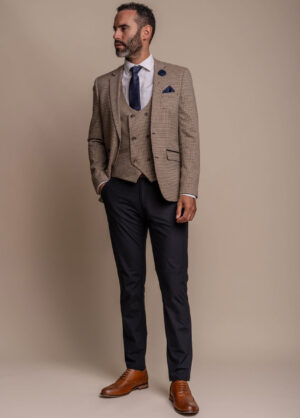 Cavani Men's Contrast 3 Piece Suit Tan Check Blazer & Waistcoat