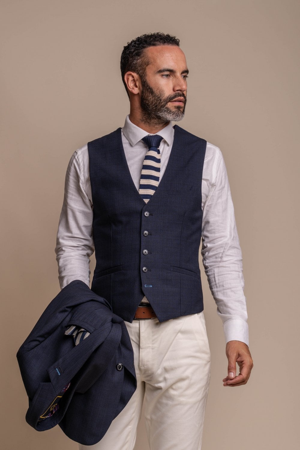 Cavani Seeba Navy 3 Piece Contrast Suit With Cream Trousers - Image 4