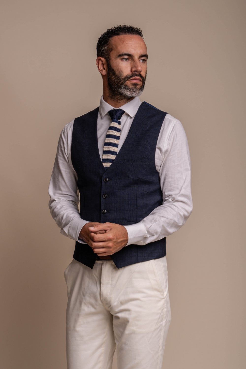 Cavani Seeba Navy 3 Piece Contrast Suit With Cream Trousers - Image 5