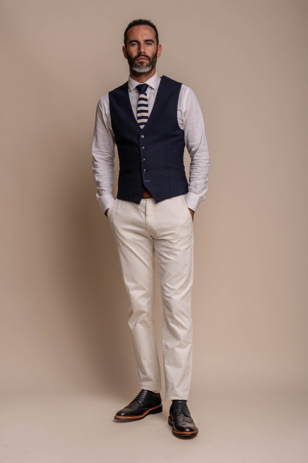 Cavani Seeba Navy 3 Piece Contrast Suit With Cream Trousers - Image 6