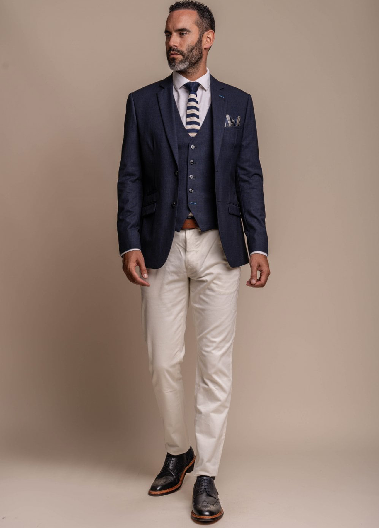Cavani Seeba Navy 3 Piece Contrast Suit With Cream Trousers