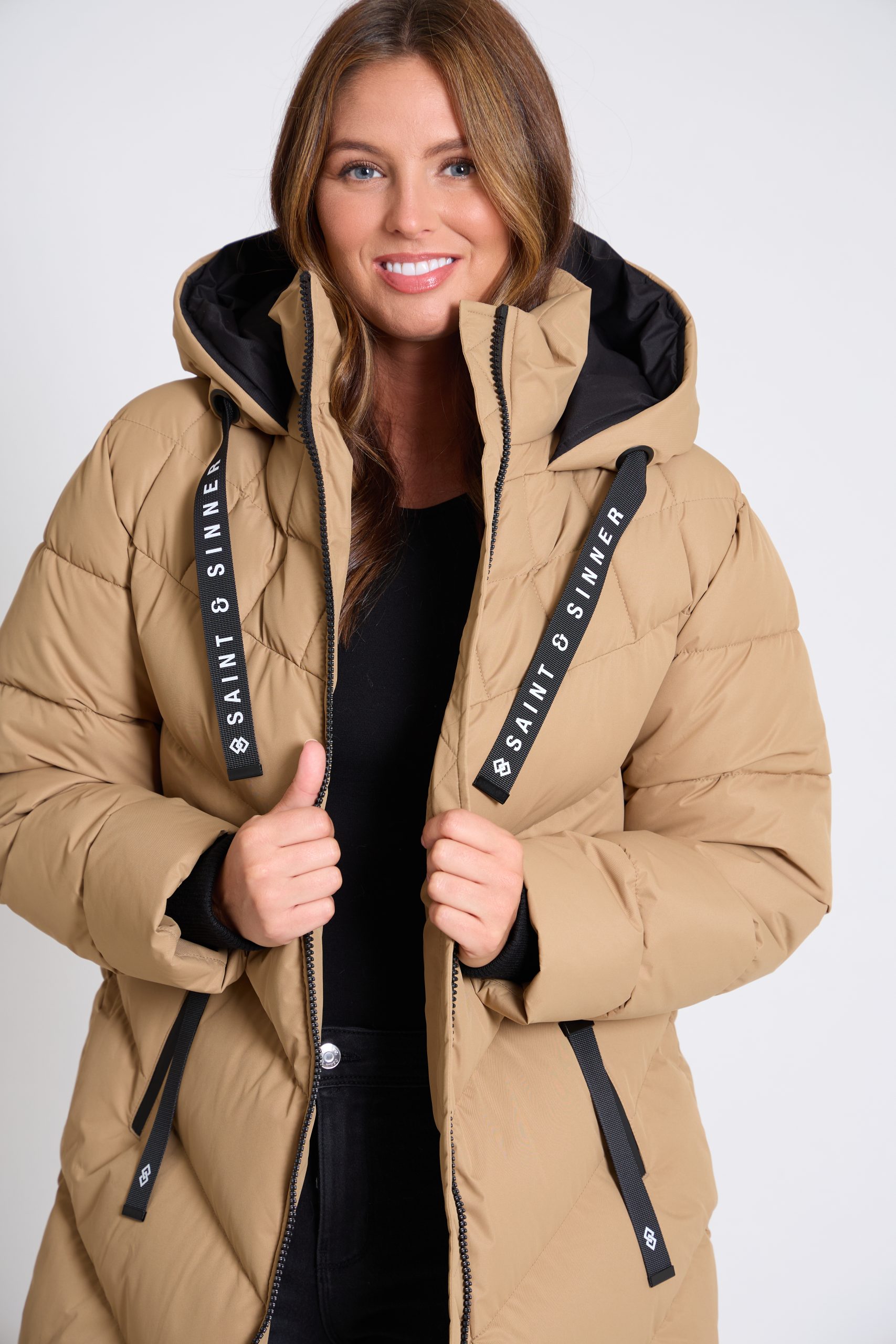 Women’s Long Oversized Padded Camel Hooded Winter Coat - Image 3