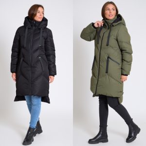 Women’s Long Padded Khaki & Black Hooded Winter Coat