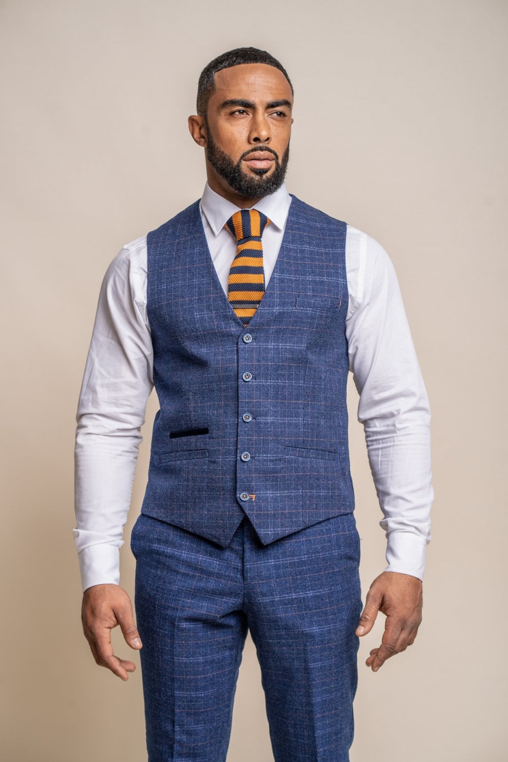 Cavani Kaiser Blue Tweed Check Slim Fit Waistcoat
