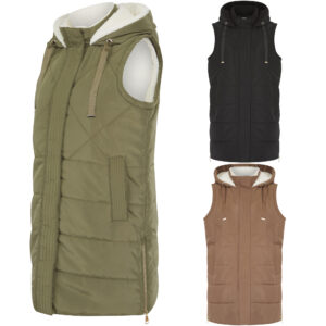 Women's Long Quilted Borg Fleece Lined Padded Hooded Gilet