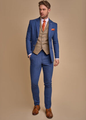 Cavani Blue 3 Piece Contrast Suit With Tan Check Waistcoat