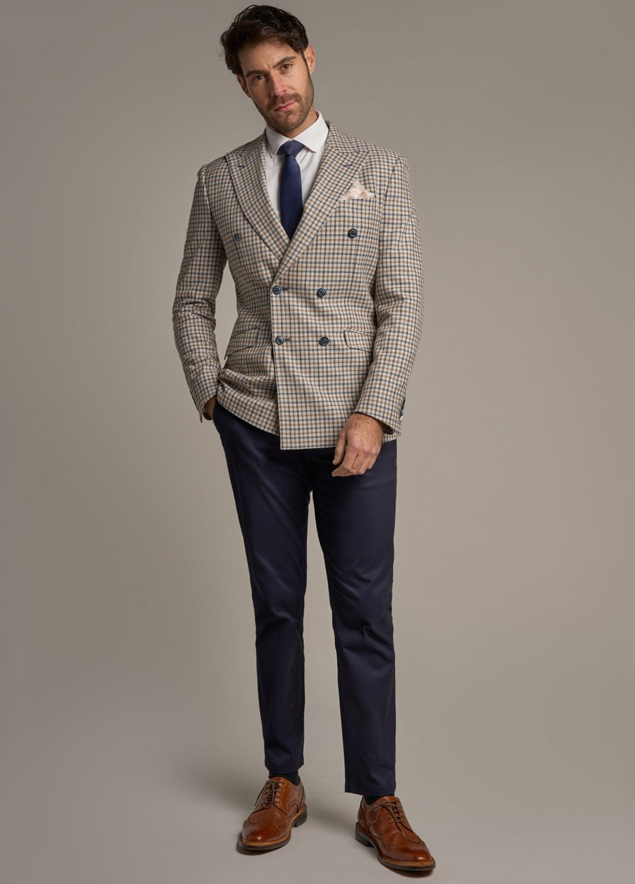 Cavani Double Breasted Contrast Blue & Tan 2 Piece Suit