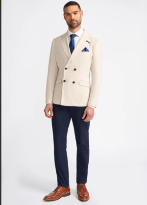 Cavani Double Breasted Contrast Cream & Blue 2 Piece Suit