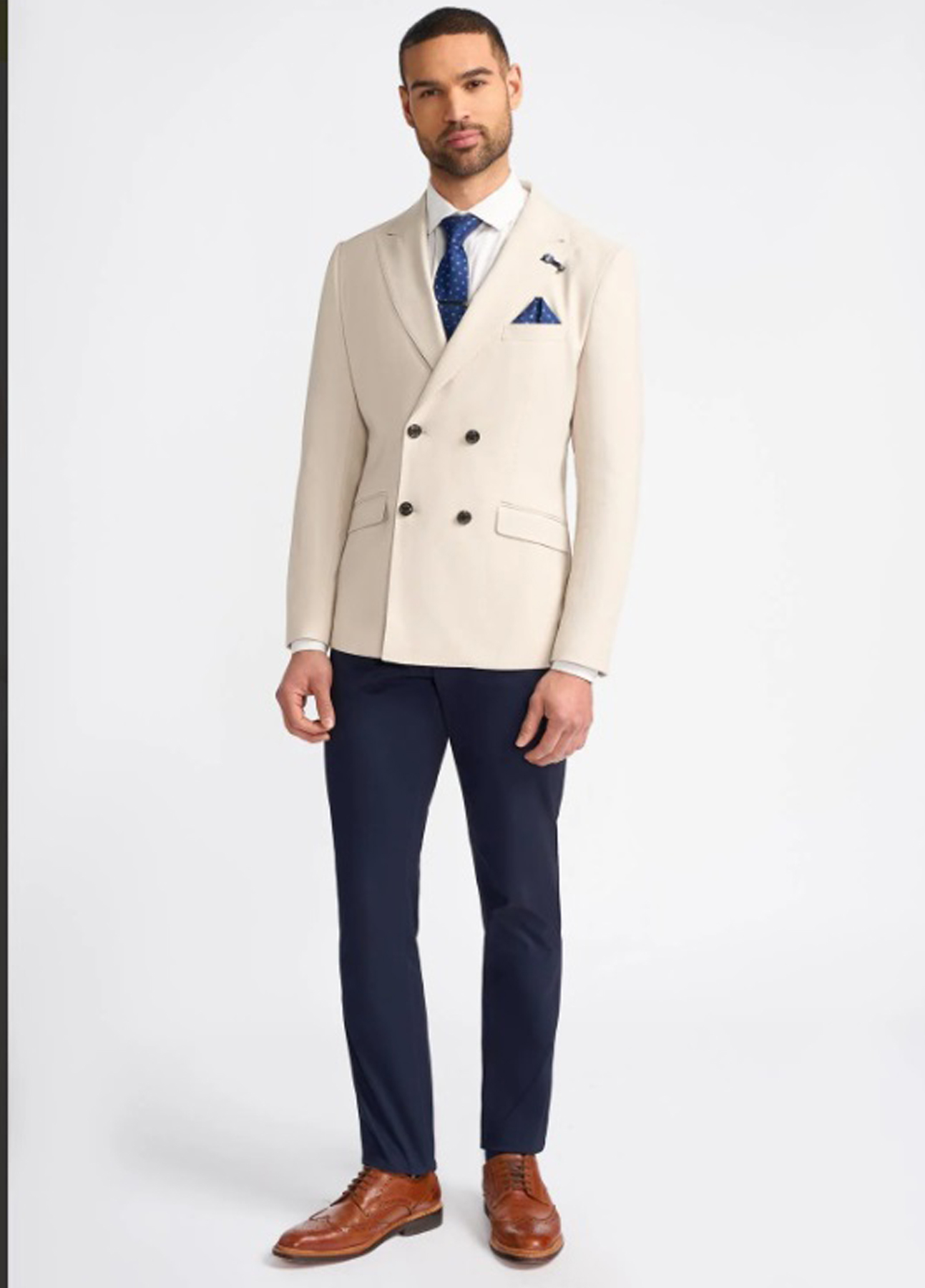 Cavani Double Breasted Contrast Cream & Blue 2 Piece Suit