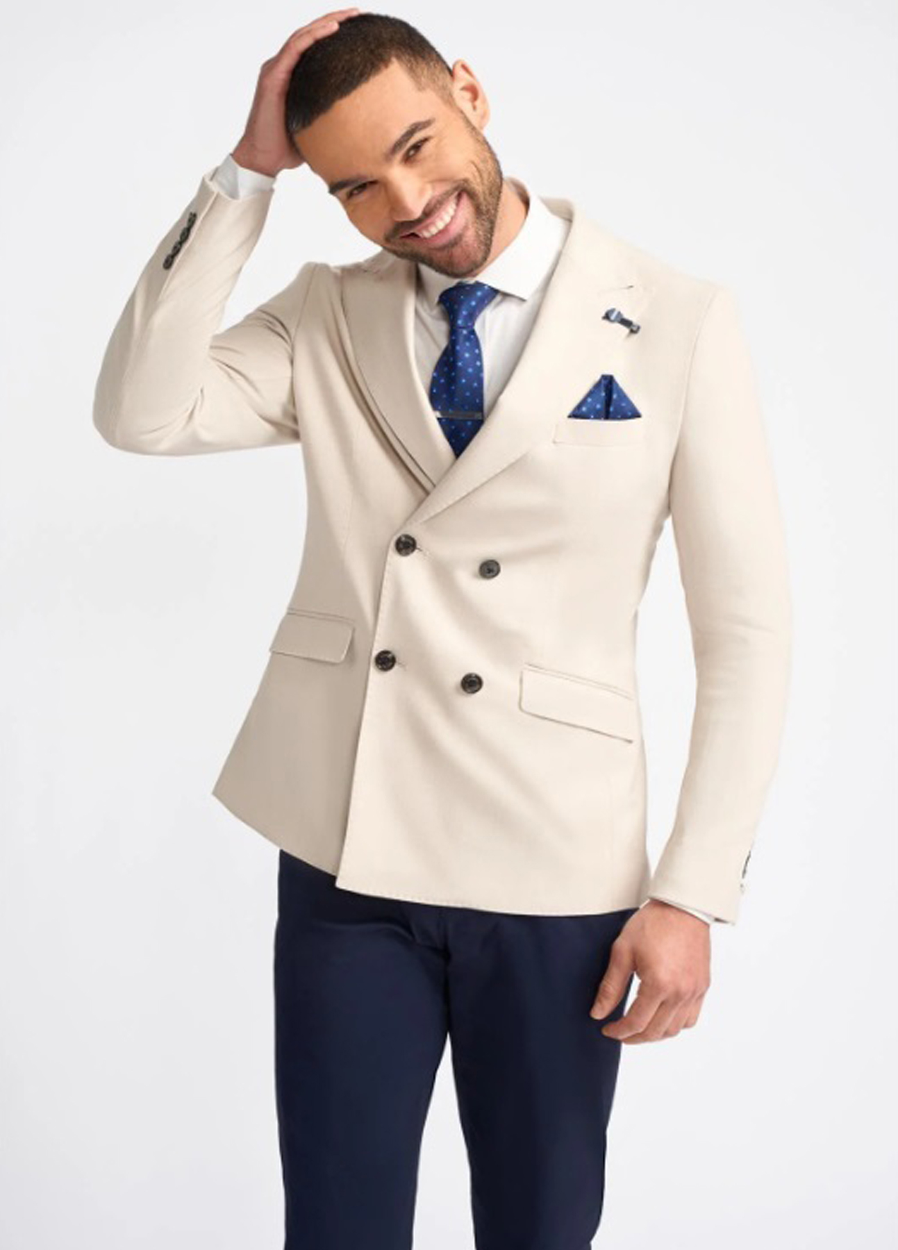 Cavani Double Breasted Contrast Cream & Blue 2 Piece Suit - Image 3