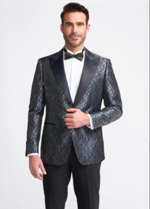 Cavani Toros Navy Patterned Peaked Lapels Slim Fit Blazer